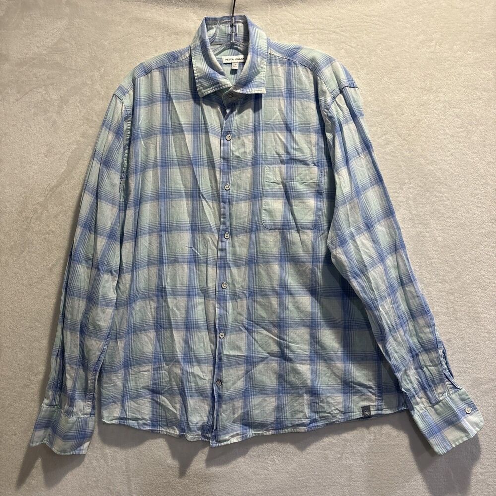 Peter Millar Shirt Men's Large Blue Plaid Button Up Long Sleeve Casual Cotton